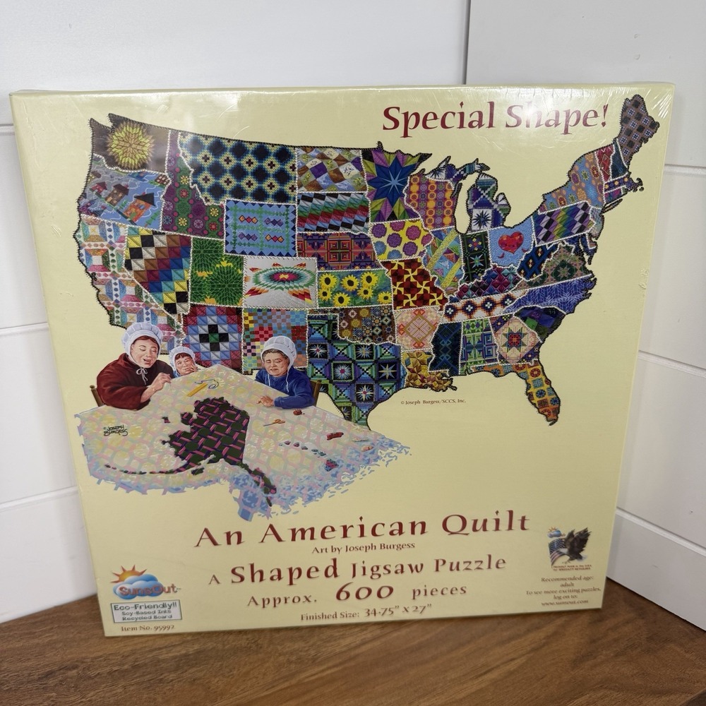 New An American Quilt Jigsaw Puzzle USA Map Shaped Sunsout 600 Pieces Gift